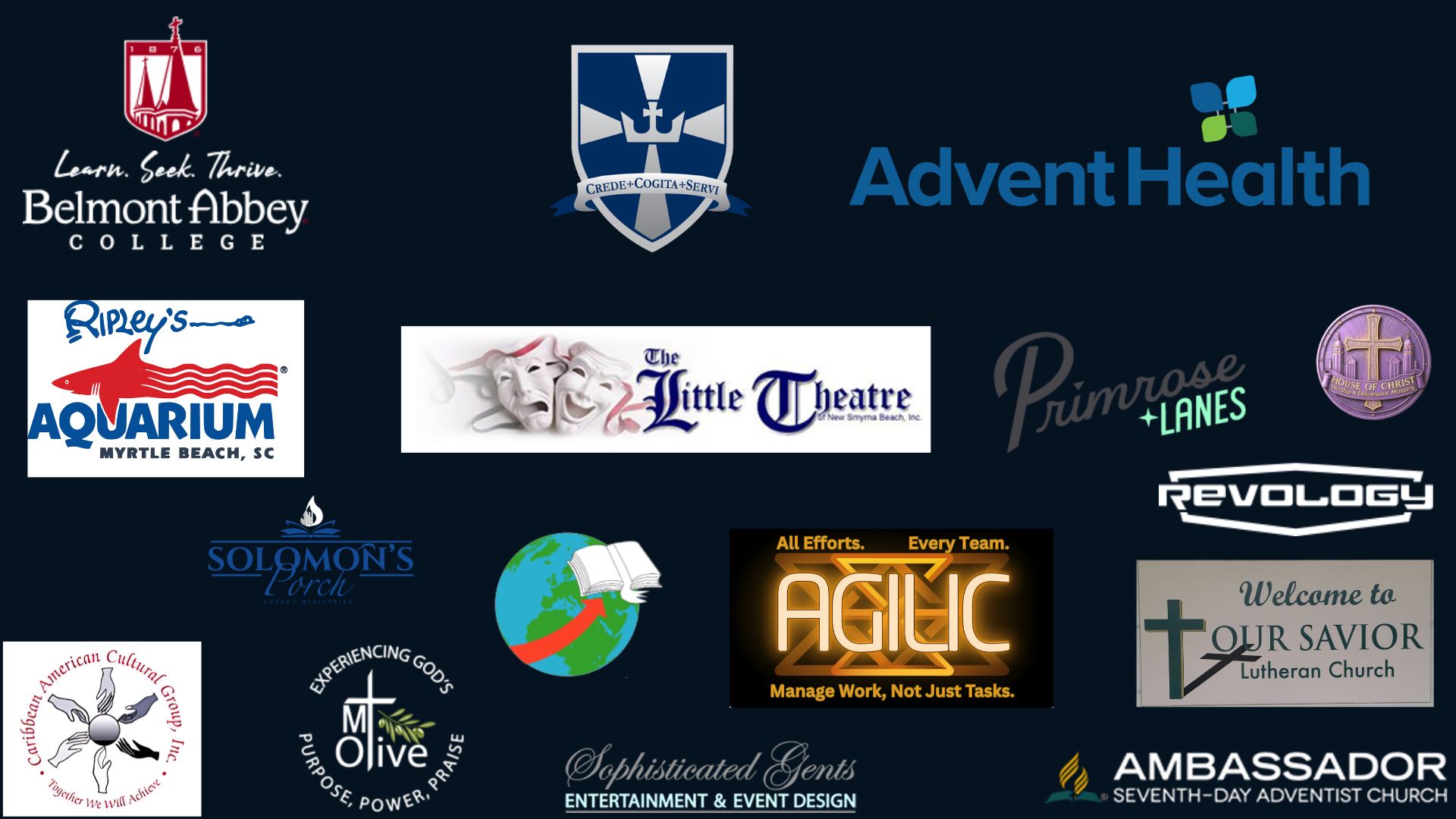 Client roster including Ripley's Aquarium, Belmont Abbey College, Little Theatre of New Smyrna Beach, and more
